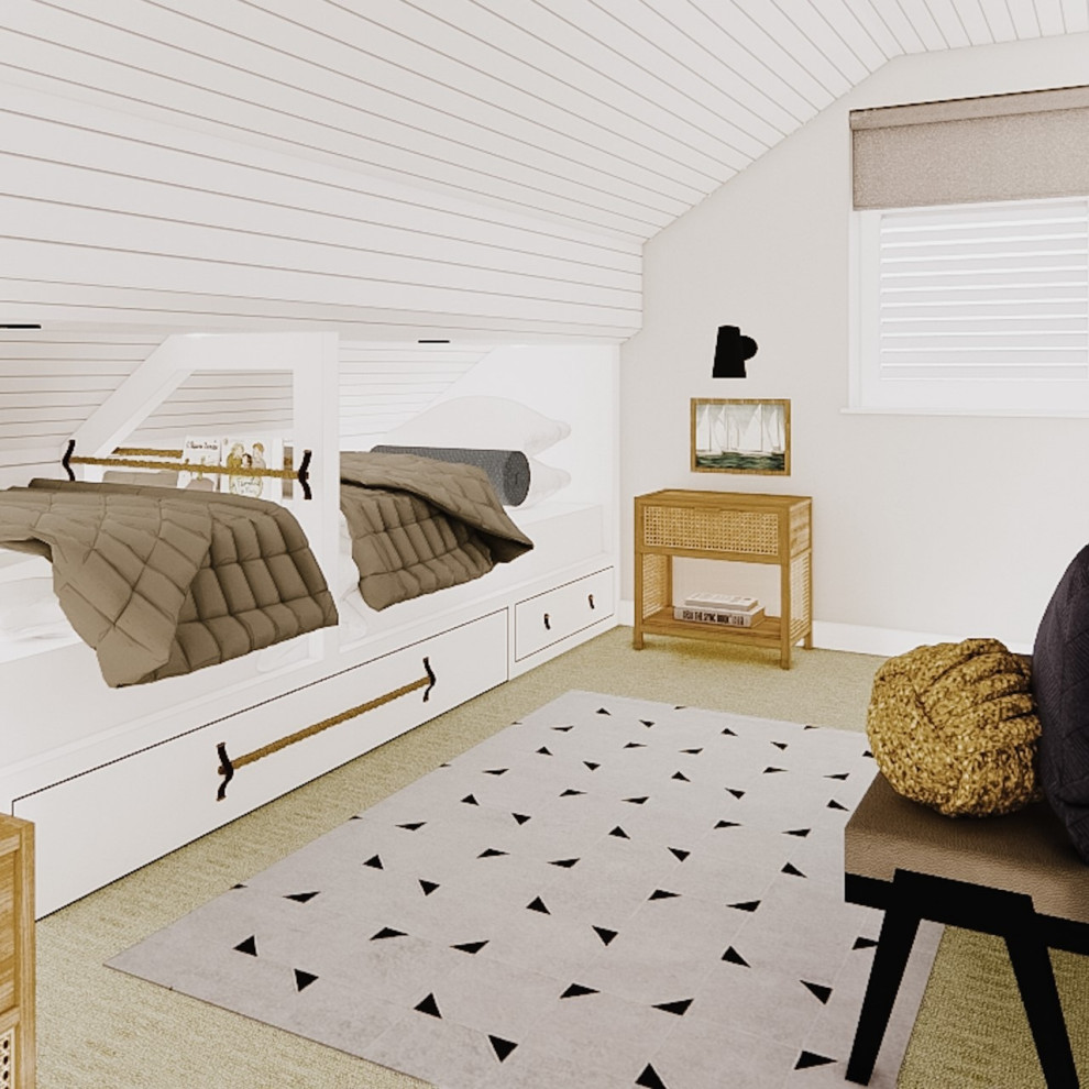 Inspiration for a small scandinavian guest shiplap ceiling, carpeted, beige floor and shiplap wall bedroom remodel in Cheshire with beige walls