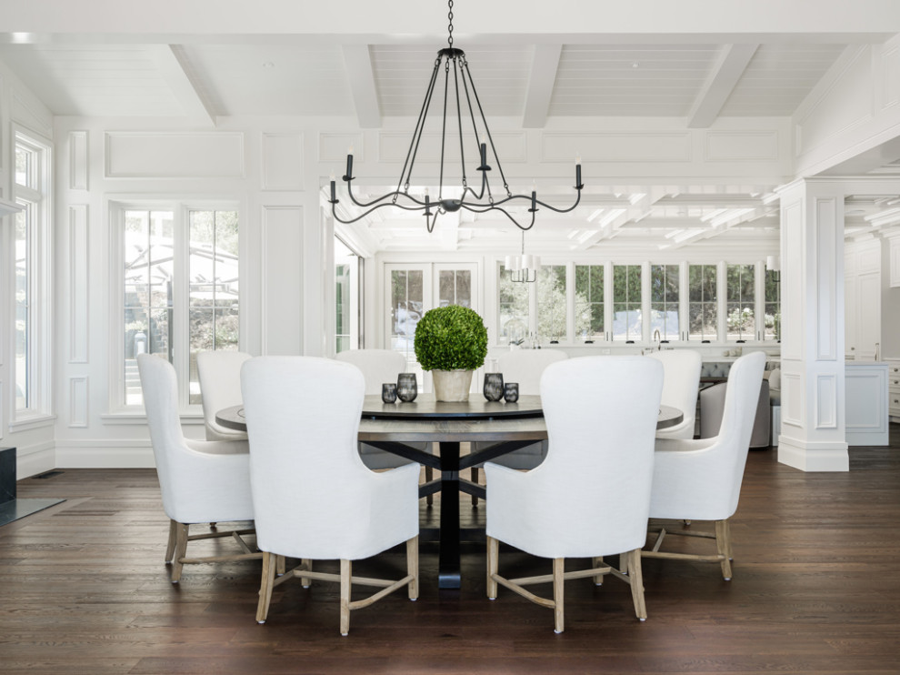 Inspiration for a craftsman dark wood floor and wainscoting kitchen/dining room combo remodel in San Diego with white walls and a standard fireplace