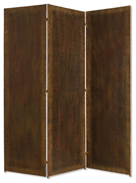 Metal 3 Panel Screen With Textured Nub Head Accent Borders, Brown