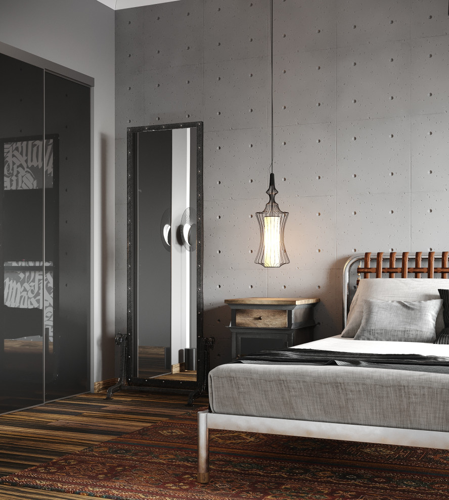 На фото: хозяйская спальня среднего размера в современном стиле с серыми стенами и полом из винила