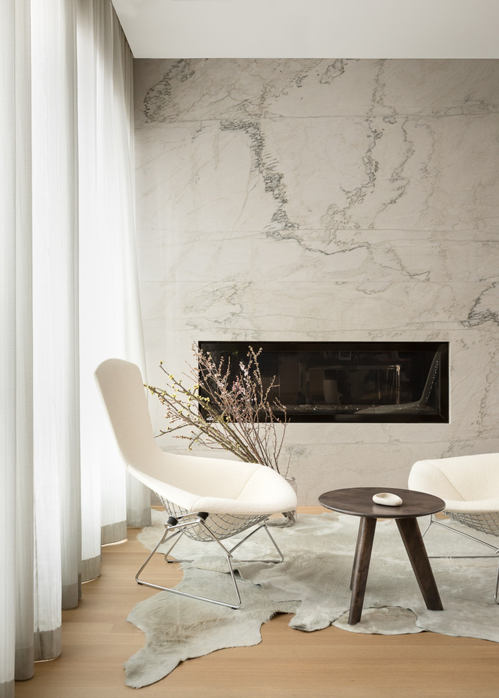 Inspiration for a mid-sized contemporary formal open concept living room in Denver with beige walls, light hardwood floors, a built-in media wall, grey floor, a ribbon fireplace and a stone fireplace surround.