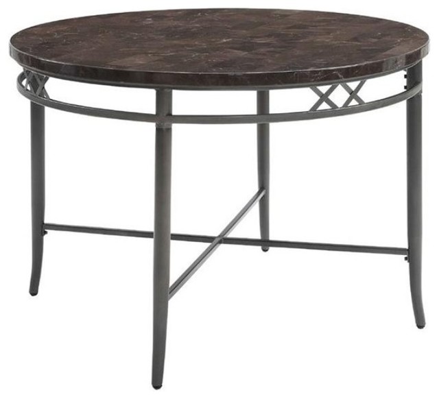 Round Metal Frame Dining Table with Faux Marble Top, Gray and Brown