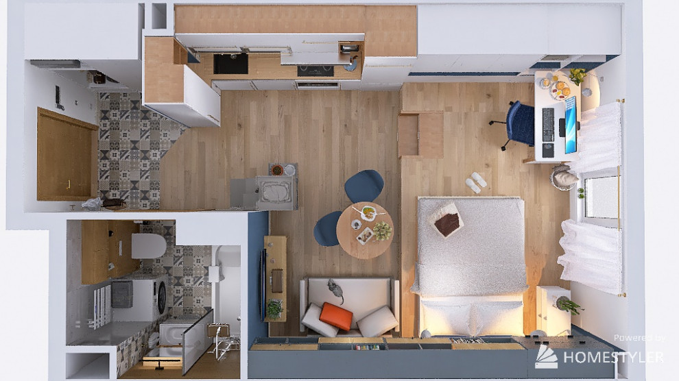 Квартира-студия с кроватью на подиуме для семейной пары