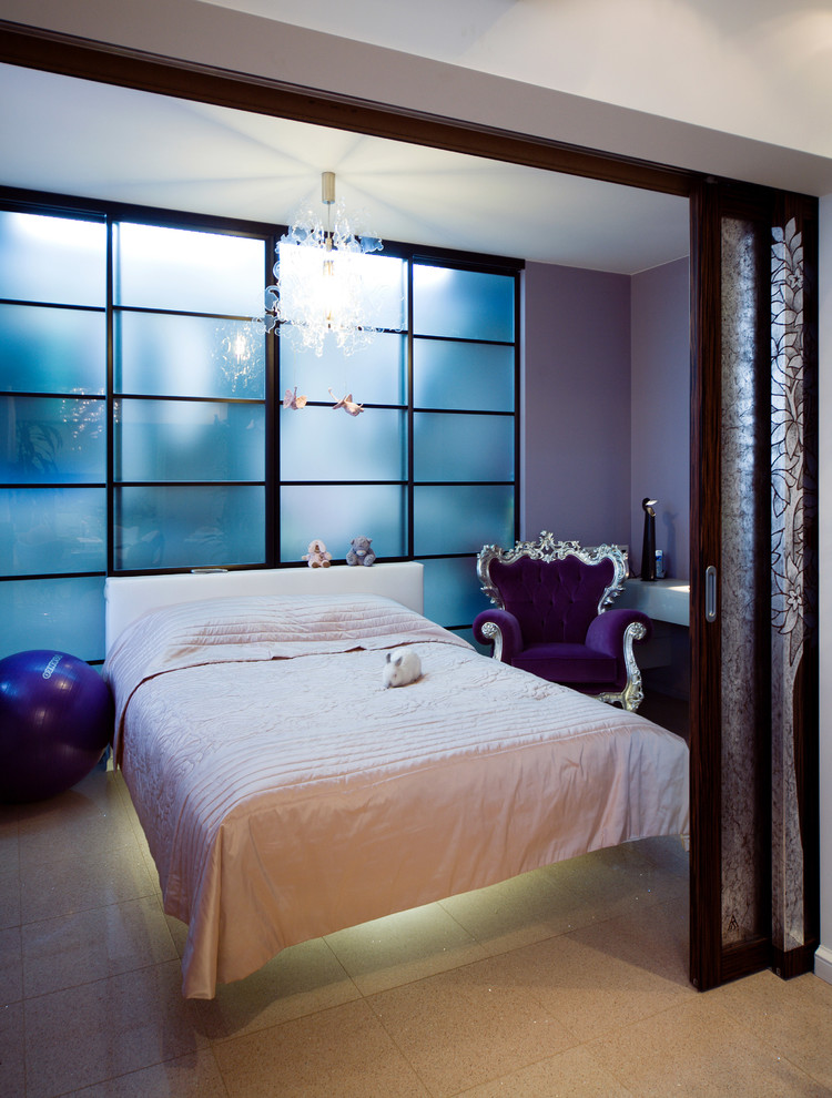 Large eclectic master bedroom in Moscow with purple walls and ceramic floors.