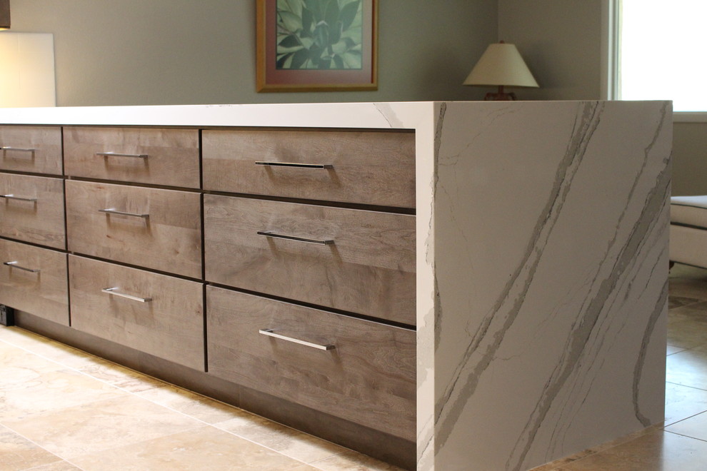 Mid-sized transitional u-shaped ceramic tile open concept kitchen photo in Phoenix with an undermount sink, flat-panel cabinets, gray cabinets, quartz countertops, white backsplash, porcelain backsplash, stainless steel appliances and a peninsula