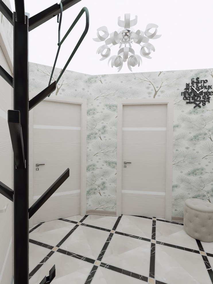 Прихожая однокомнатной квартиры для молодой пары с новорожденным в современном с