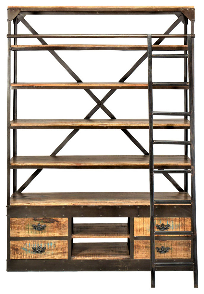 80x62" Rustic Industrial Mobile Library Bookcase with Ladder and