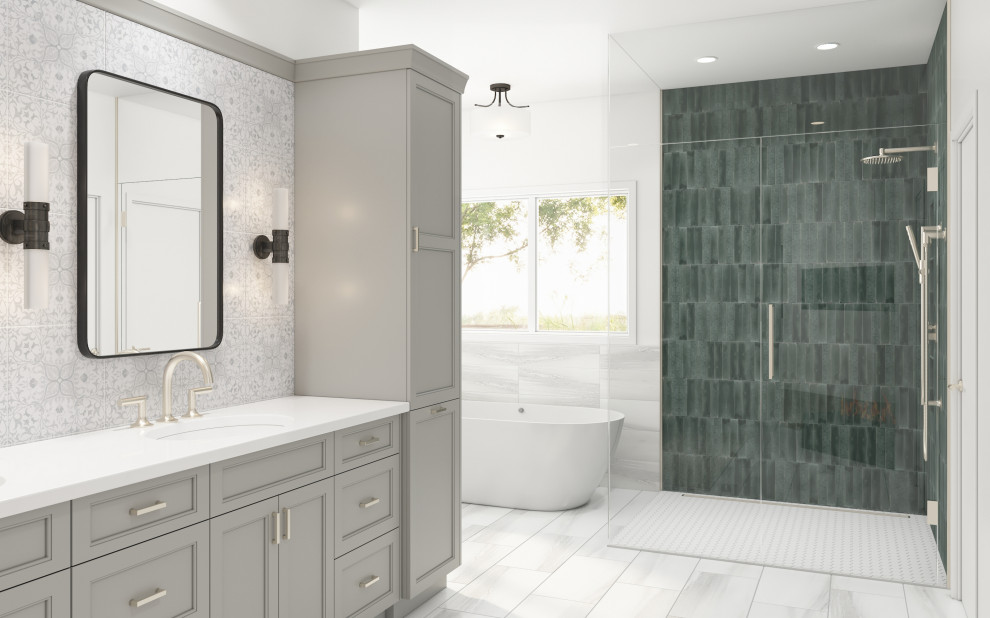 Example of a large transitional master green tile and cement tile porcelain tile, white floor and double-sink bathroom design in Denver with recessed-panel cabinets, gray cabinets, a one-piece toilet, white walls, an undermount sink, quartz countertops, a hinged shower door, white countertops, a niche and a built-in vanity