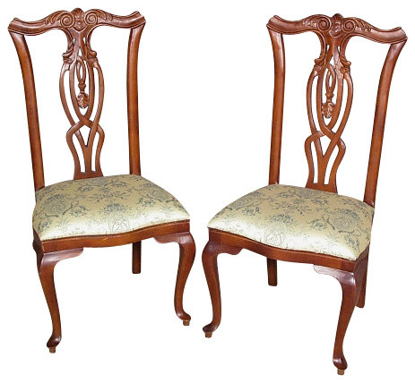Pair of 2 Mahogany Queen Anne Floral Dining Side Chairs