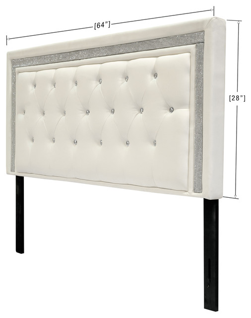 Faux Leather Upholstered Headboard Tufted Crystals Rhinestone, White, Twin