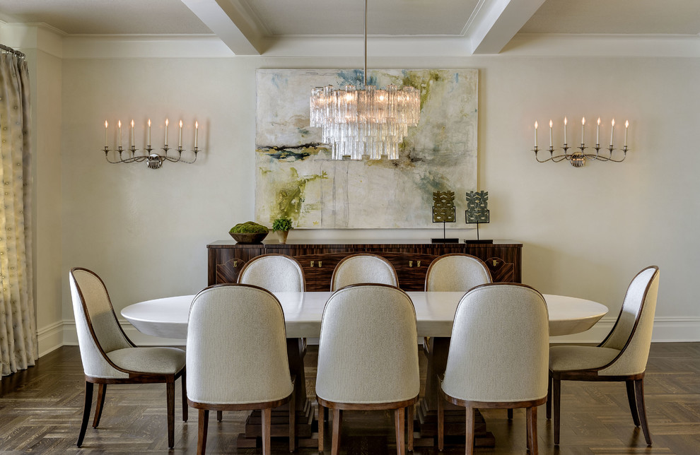 Inspiration for a transitional dining room in New York with white walls and dark hardwood floors.