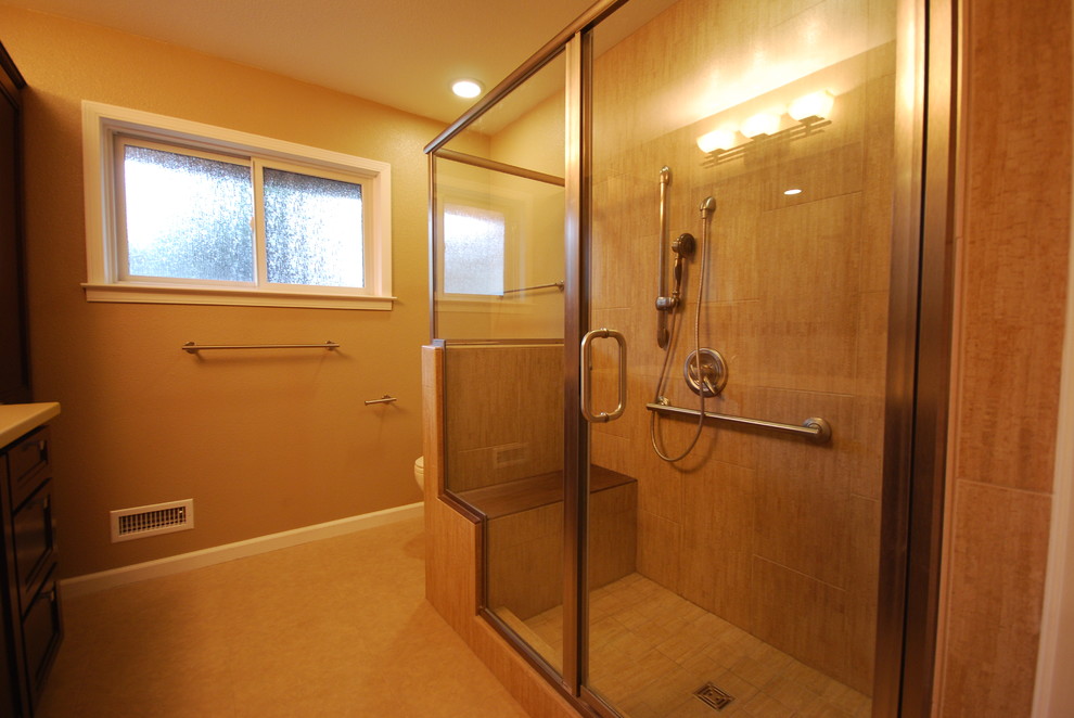 Design ideas for a modern master bathroom in Sacramento with an undermount sink, shaker cabinets, medium wood cabinets, onyx benchtops, an open shower, beige tile, porcelain tile, beige walls and porcelain floors.