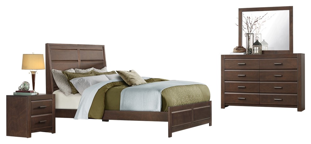 4-Piece Elroy Queen Sleigh Bed, Nightstand, Dresser and Mirror, Brown