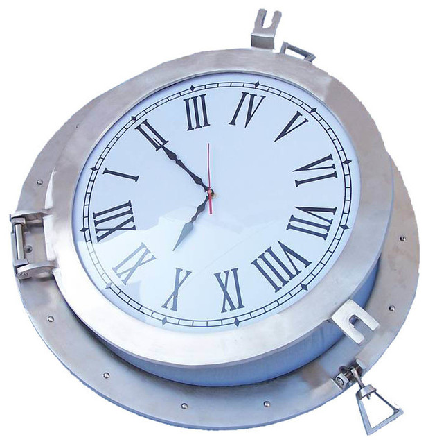 Handcrafted Nautical Decor Brushed Nickel Deluxe Class Porthole Clock
