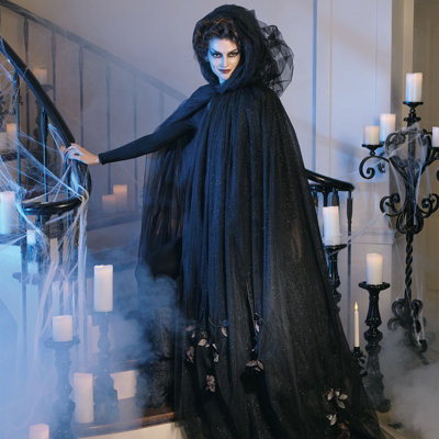 Black Tulle Cloak with Dead Roses Halloween Costume - Halloween Decorations and