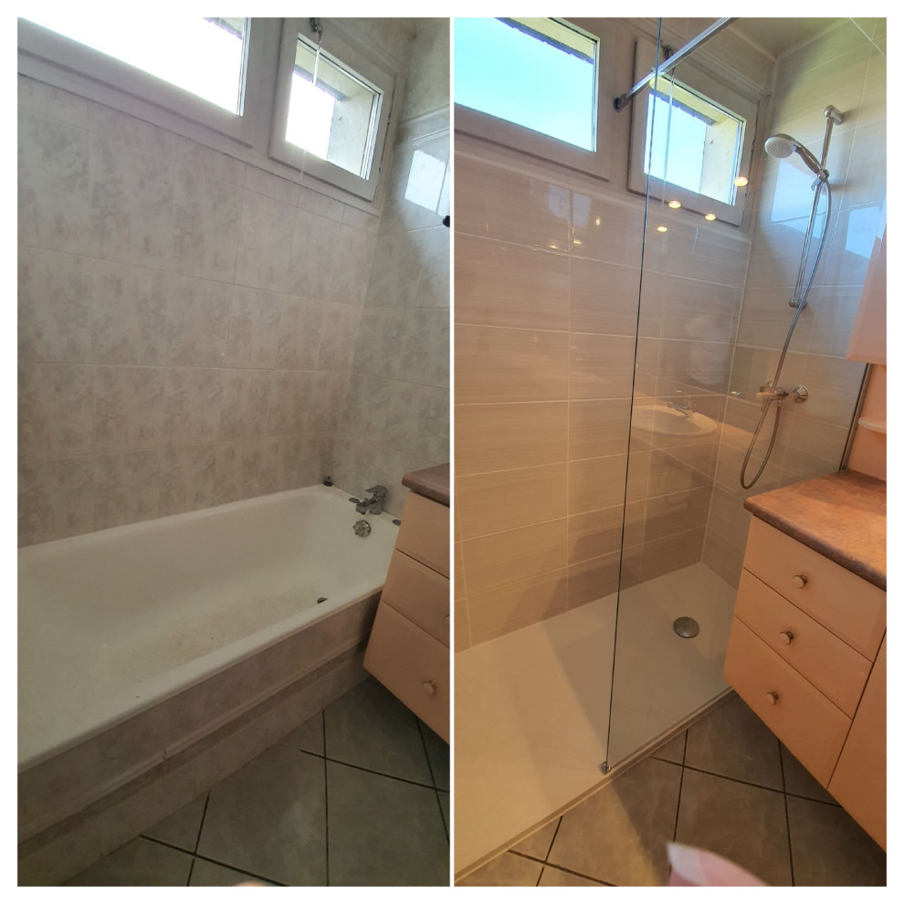 Esempio di una stanza da bagno padronale country con doccia aperta, piastrelle beige, piastrelle in ceramica, pareti beige, pavimento beige e doccia aperta