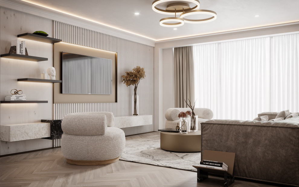 This is an example of a medium sized formal and cream and black living room in Other with beige walls, light hardwood flooring, a built-in media unit, beige floors and panelled walls.