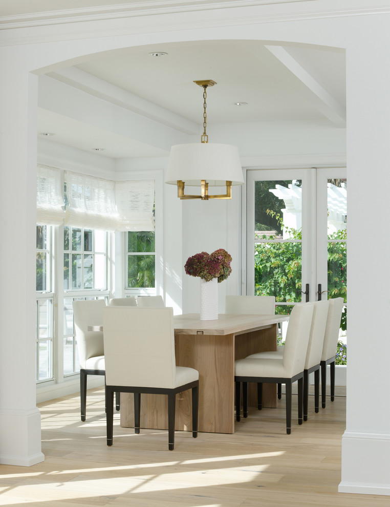 Design ideas for a transitional dining room in Miami with white walls.