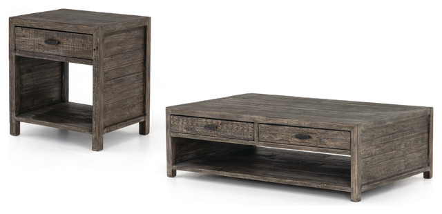 Two Piece Coffee End Table Set Mixed Reclaimed Wood Rustic Black Olive Two Piece Coffee End Table Set Mixed Reclaimed Wood Rustic Black Olive