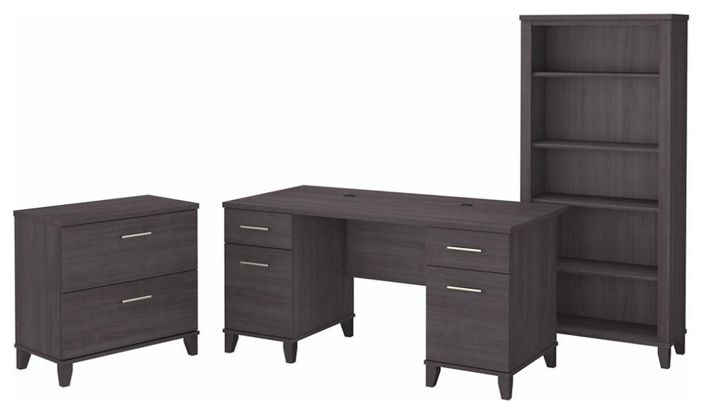 60W Office Desk with Lateral File and 5 Shelf Bookcase Storm