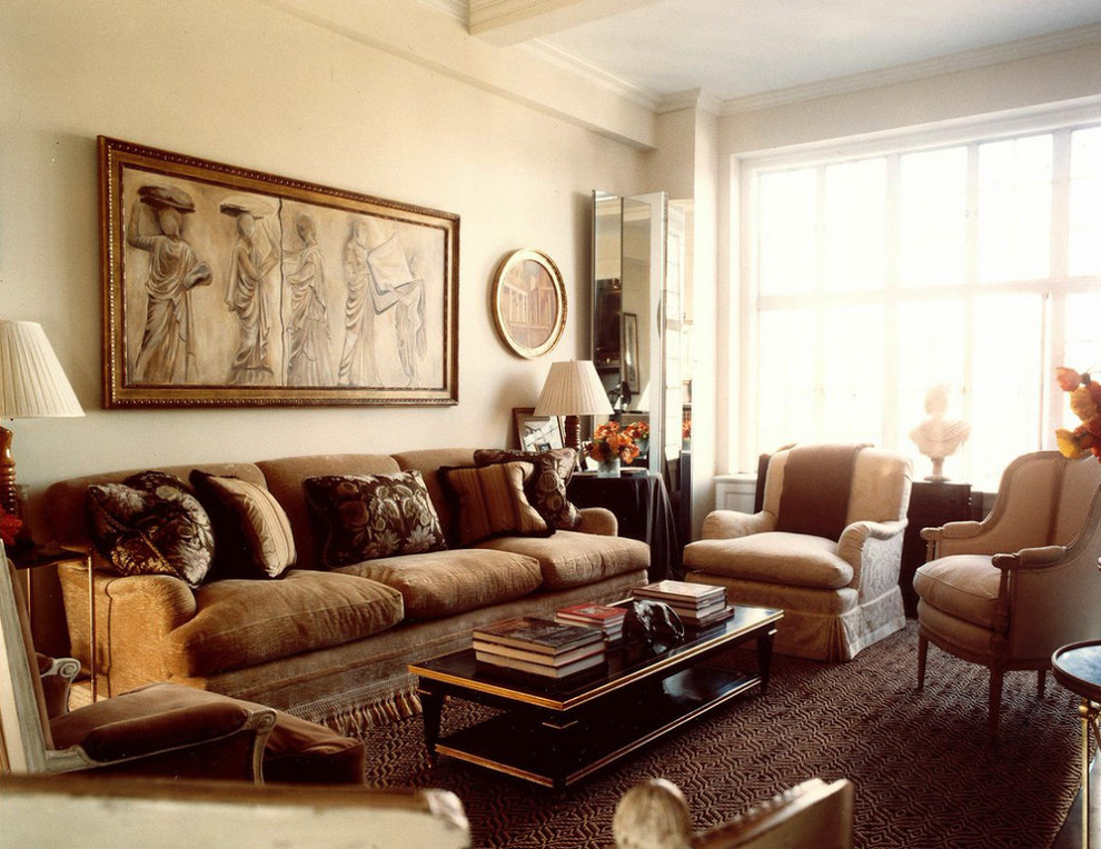 Mid-sized traditional formal enclosed living room in New York with white walls and carpet.