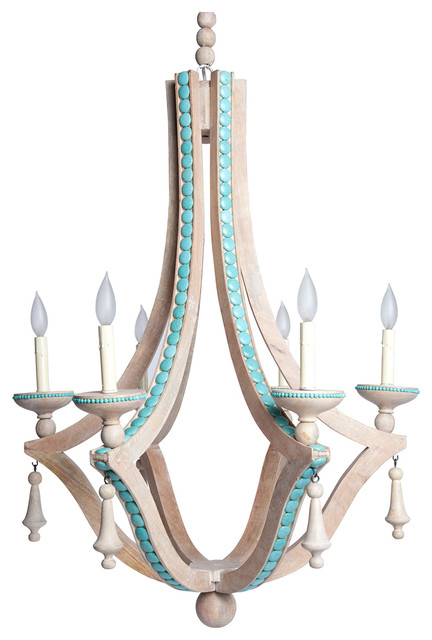 Limed Wood French Country Turquoise Inlay Six Bulb Chandelier