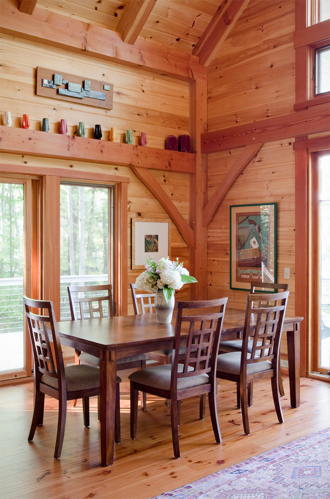 Inspiration for a country dining room in Boston with brown walls, medium hardwood floors and no fireplace.