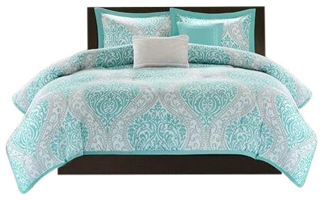 Full / Queen Teal Turquoise Aqua Blue and White Damask Comforter Set ...