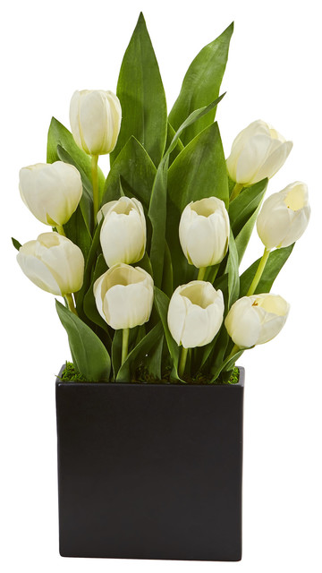 Nearly Natural Tulips Artificial Arrangement In Black Vase Artificial Arrangement In Black Vase