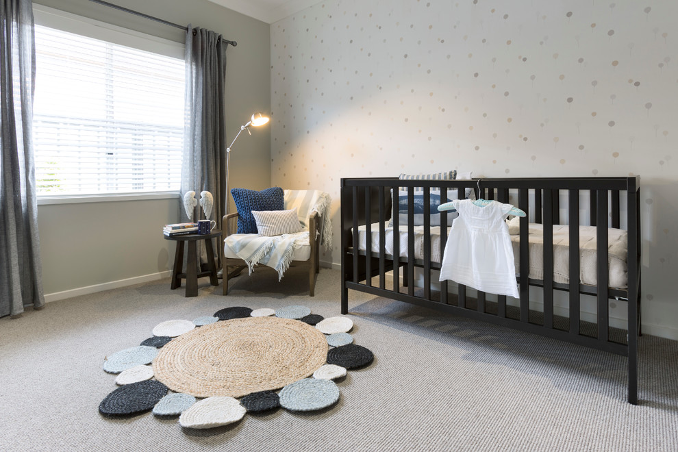 Mid-sized transitional nursery in Melbourne with carpet and grey floor.