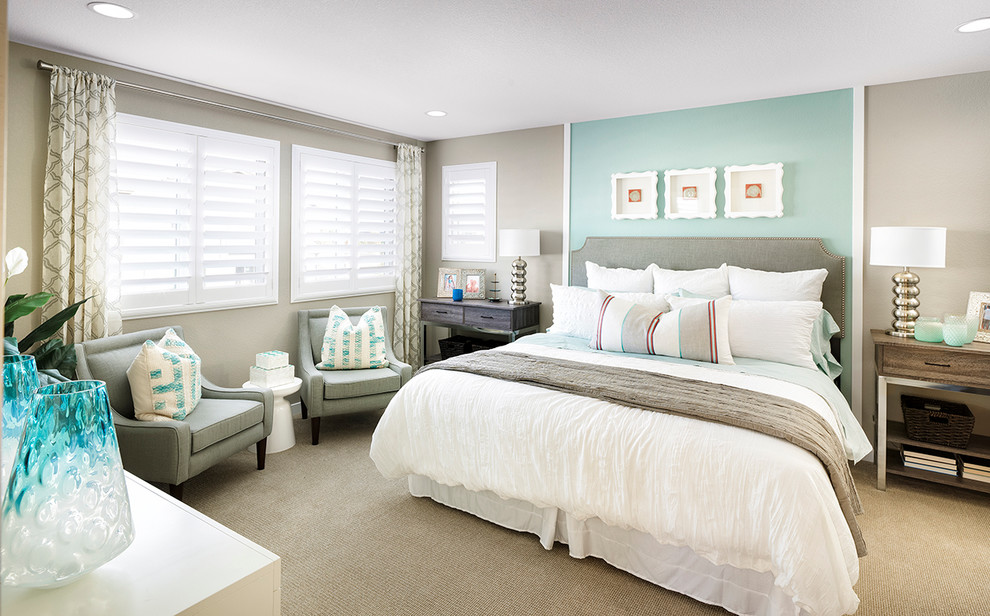 Transitional carpeted bedroom photo in Denver with gray walls