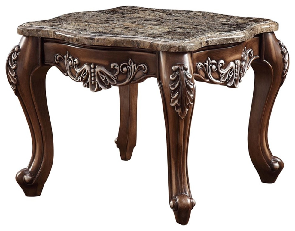 ACME Latisha Square Marble Top Wooden End Table in Antique Oak