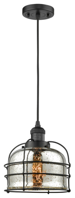 Large Bell 1-Light LED Cage Pendant, Matte Black, Glass: Silver Mercury