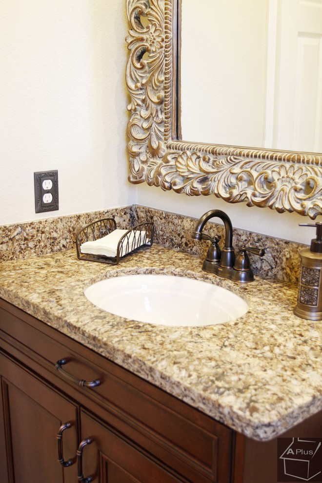 Design ideas for a mid-sized traditional master bathroom in Orange County with an undermount sink, recessed-panel cabinets, light wood cabinets, granite benchtops, a two-piece toilet, beige tile, porcelain tile, beige walls and porcelain floors.