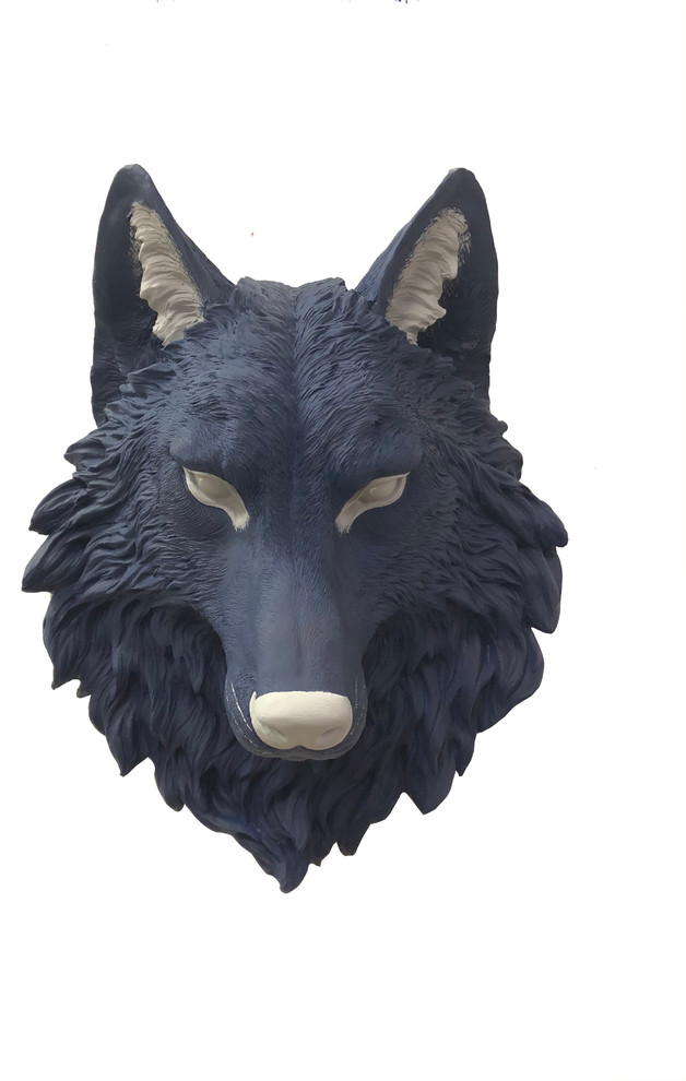 Faux Taxidermy Wolf Head Wall Mount Dark Navy Gray Contemporary