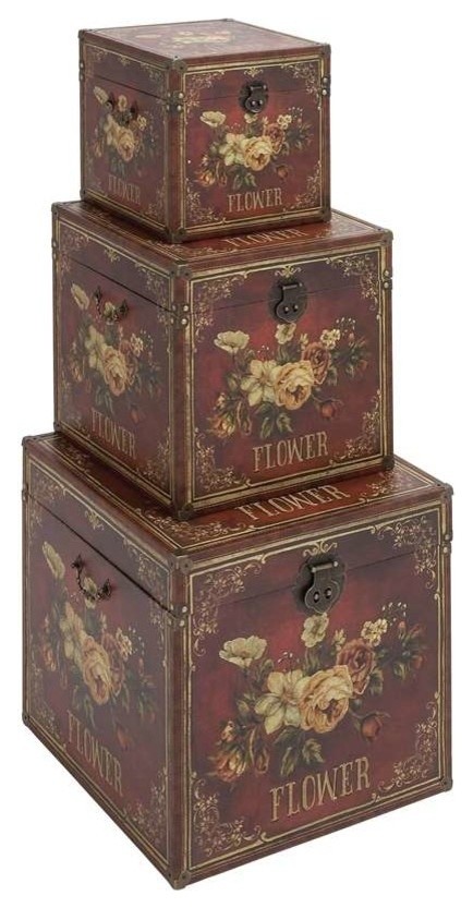 Set of 3 Wooden Leather Trunk Set