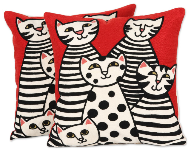 Novica Handmade Cat Family Embroidered Cotton Cushion Covers (Pair)