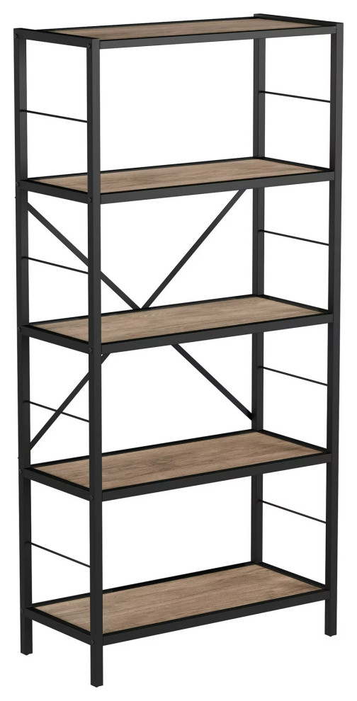 Tall Industrial Bookcase, Metal Frame With Open Storage & XBack Support, Brown Industrial