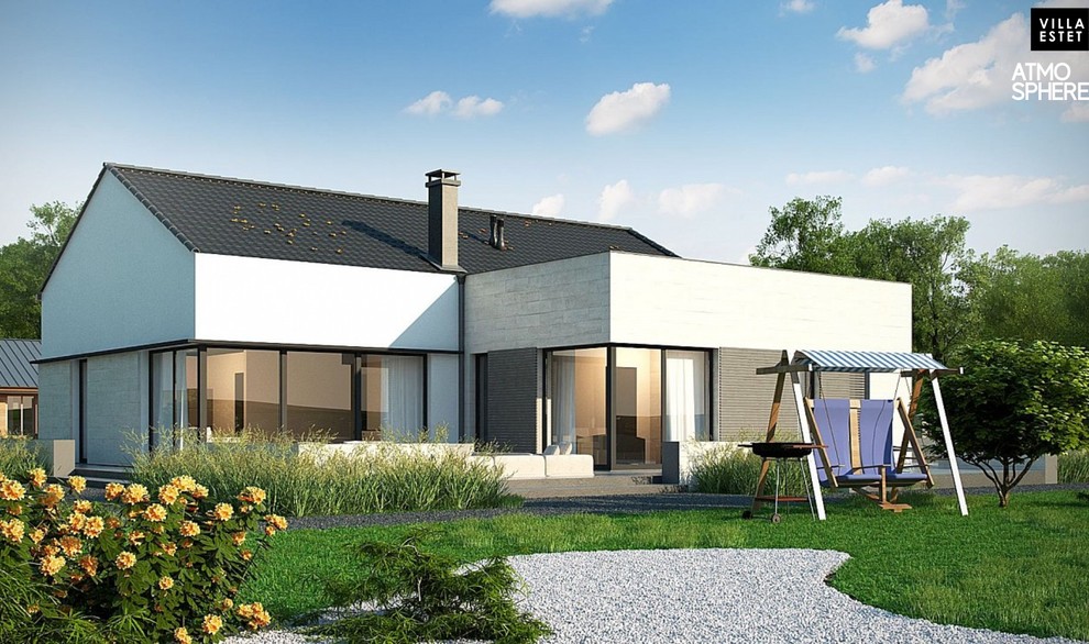 Одноэтажный дом с гаражом на 1 машину и красивым белым фасадом. В доме всё есть