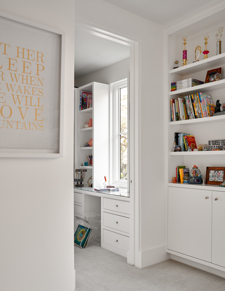 Beverly | 2018 - Kids' bedroom - bedroom and mid-sized transitional girl carpeted and gray floor kids' bedroom idea in Dallas with white walls