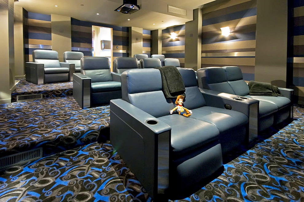 Inspiration for a contemporary enclosed home theatre in San Francisco with carpet and multi-coloured floor.