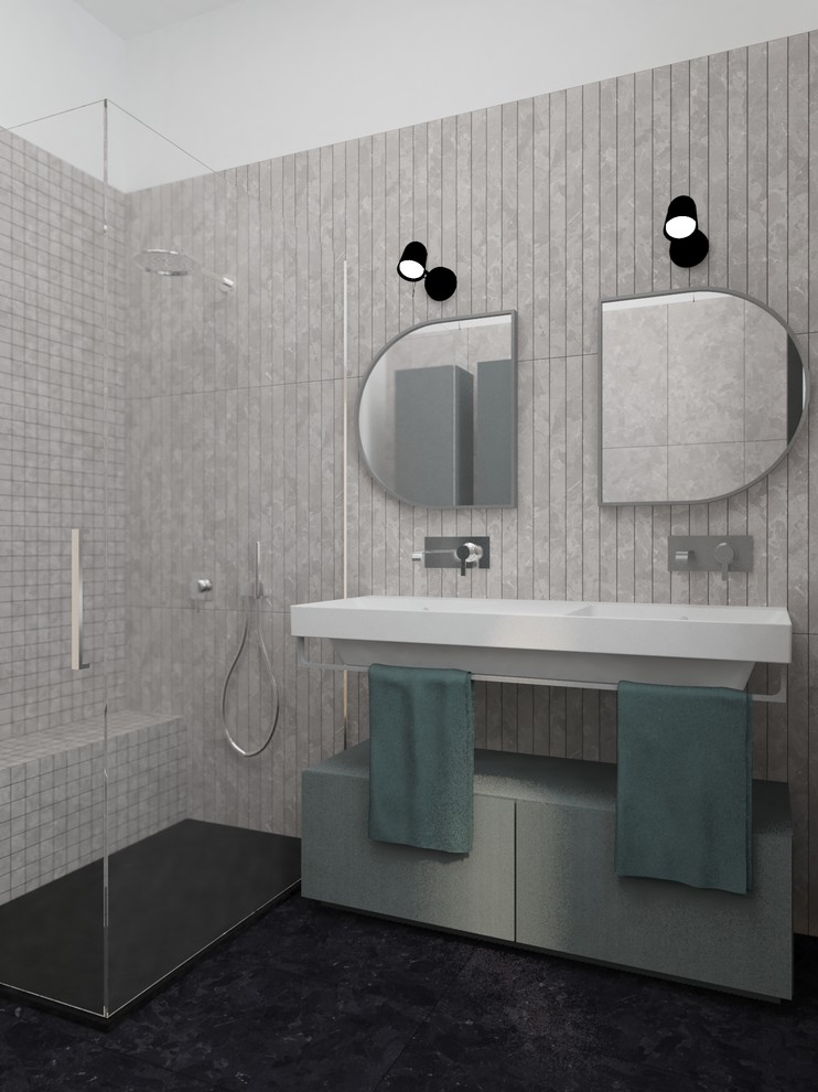 Stanza da Bagno con doccia e lavabo a doppia vasca
