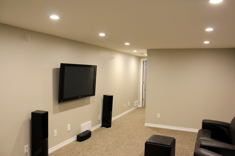 This is an example of a mid-sized contemporary fully buried basement in Other with beige walls, carpet and no fireplace.