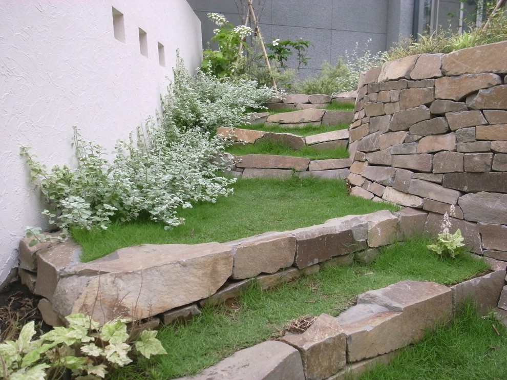 This is an example of a country sloped garden in Tokyo with a garden path.