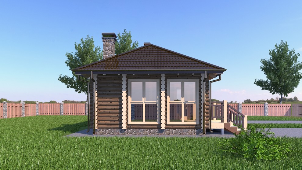 одноэтажная баня с застекленной верандой и дровяником