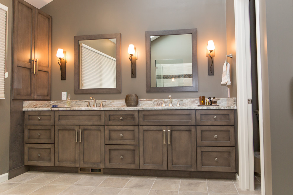 Large arts and crafts master bathroom in Cleveland with shaker cabinets, grey cabinets, a corner shower, a two-piece toilet, green tile, porcelain tile, grey walls, porcelain floors, an undermount sink and granite benchtops.
