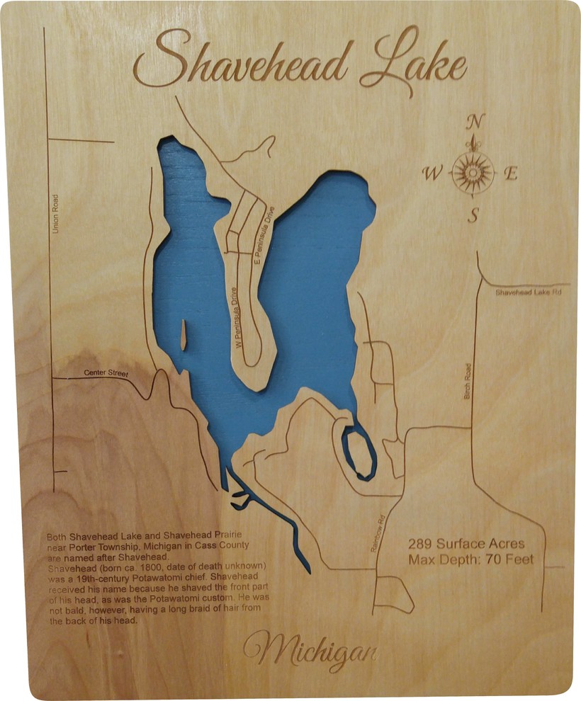 Shavehead Lake, MichiganWood Lake Map, Small Contemporary Wall