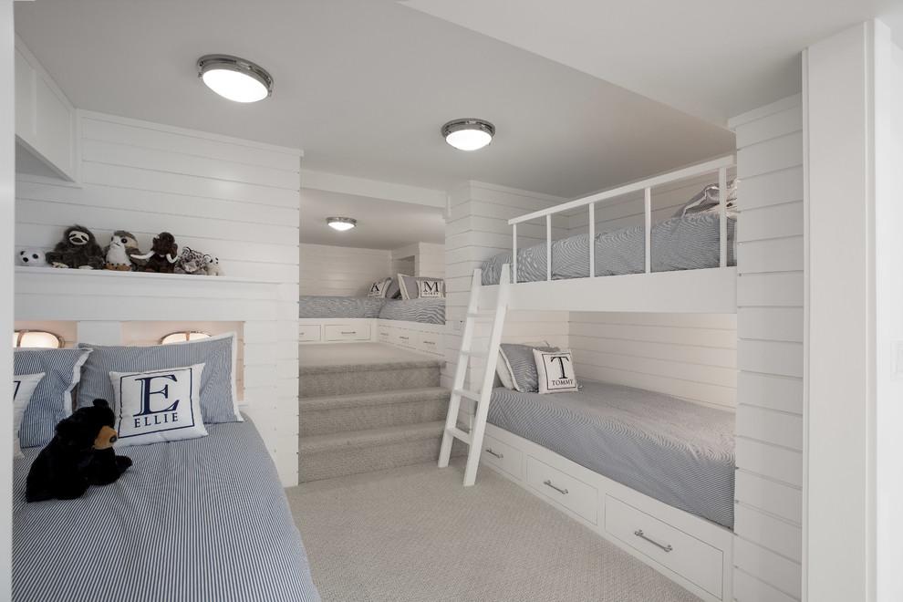 No Adults Allowed - Inspiration for a bedroom and mid-sized transitional gender-neutral carpeted and beige floor kids' bedroom remodel in Burlington with white walls