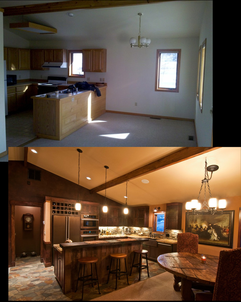 This is an example of a large country u-shaped eat-in kitchen in Denver with a farmhouse sink, raised-panel cabinets, medium wood cabinets, granite benchtops, brown splashback, coloured appliances, slate floors and with island.
