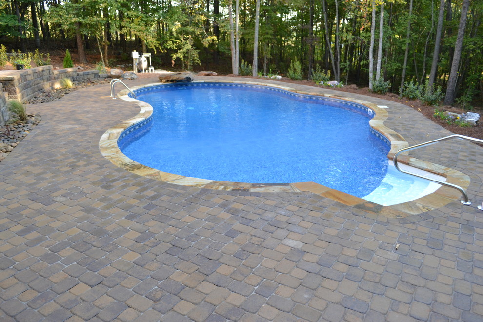 Immagine di una piscina naturale personalizzata di medie dimensioni e dietro casa con pavimentazioni in cemento